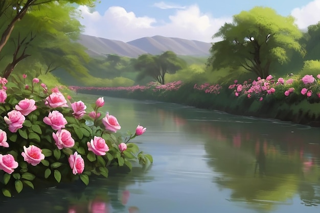 Tranquil Riverbank met China Rose Bushes Digitale schilderkunst
