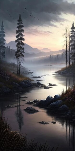 Tranquil Rivers Misty Beauty Peacefulness Mobile Wallpaper Generatieve AI