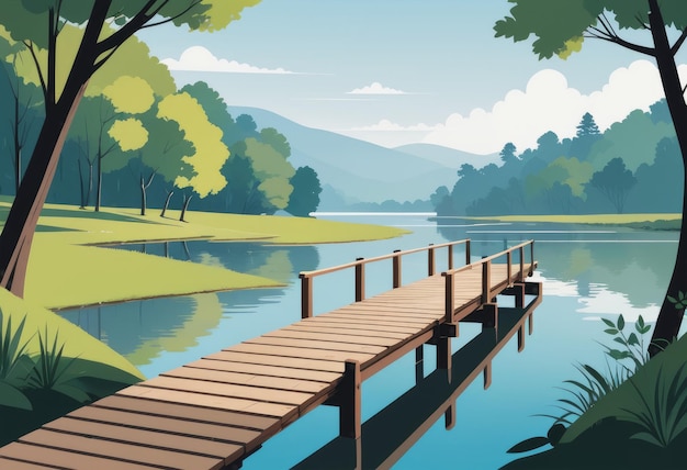 A tranquil riverside scene with a wooden footbridge