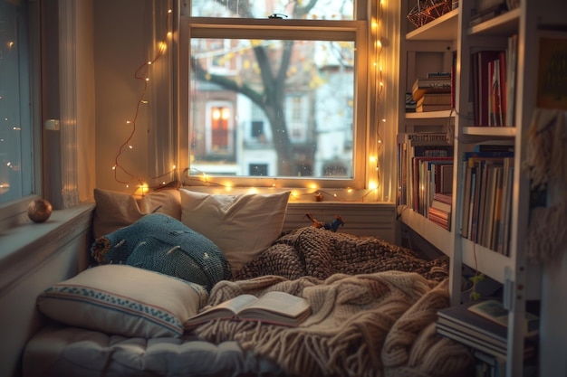 Спокойная комната с удобной кроватью с чистыми простынями, хорошо заполненной книжной полкой с литературными сокровищами и большим окном с видом на открытое пространство.