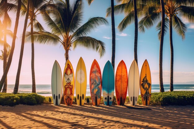 Photo tranquil row of surfboards on beach generate ai