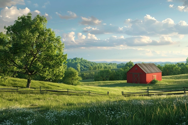 Tranquil rural farm scene with rolling fields and