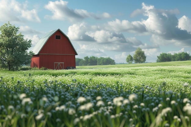 Tranquil rural farm scene with rolling fields and