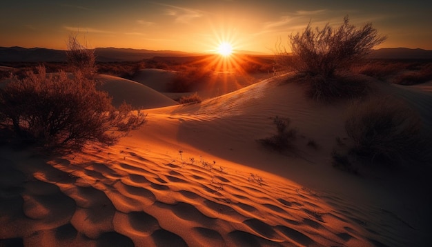 Foto tranquille dune di sabbia si increspano sotto il maestoso cielo del tramonto africano generato dall'intelligenza artificiale