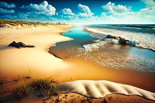 A tranquil sandy beach landscape with gentle waves lapping at the shore