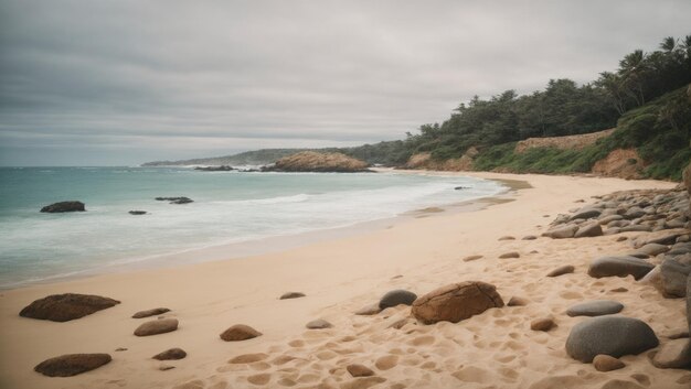 Tranquil Sandy Beach with Rocks and Water