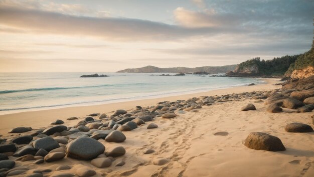 Tranquil Sandy Beach with Rocks and Water