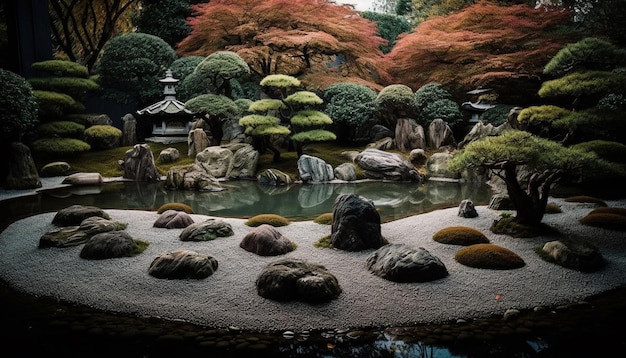 Tranquil scene Autumn Japanese maple reflection on pond generated by AI