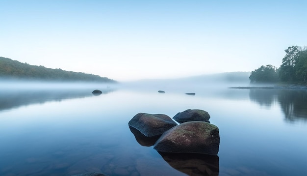 Спокойная сцена голубой воды отражает осенний лес, созданный ИИ