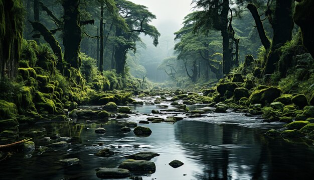 人工知能によって生成された水が流れる、暗く神秘的な森の静かな風景