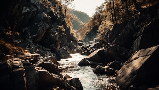 Tranquil scene of flowing water in autumn generated by AI