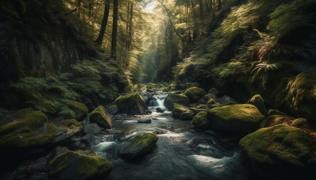 人工知能によって生成された熱帯雨林の渓谷に流れる静かな水の風景