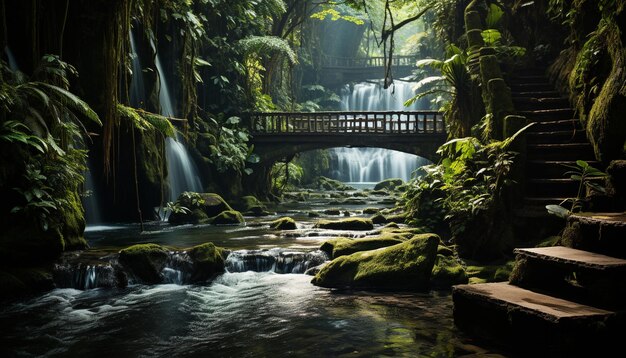 Tranquil scene of flowing water in tropical rainforest surrounded by green foliage generated by artificial intelligence