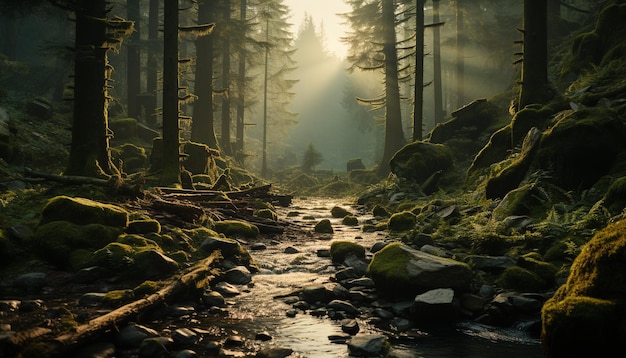 Спокойная сцена в туманном лесу раскрывает загадочную красоту природы, созданную искусственным интеллектом.