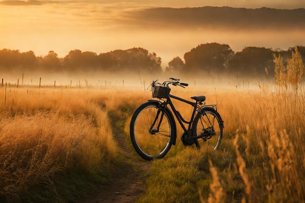 a tranquil scene on a foggy morning where a bike is parked on the side of the road