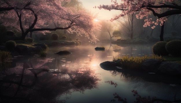 Tranquil scene of forest reflects in pond generated by AI