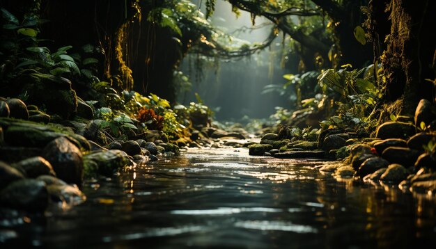 Foto una scena tranquilla di una foresta, con alberi verdi e foglie autunnali che si riflettono in uno stagno generato dall'intelligenza artificiale