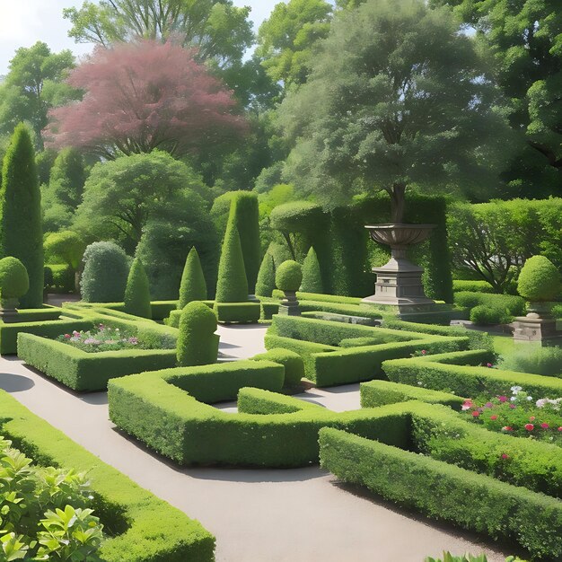 Tranquil scene of a formal garden with green trees and flowers