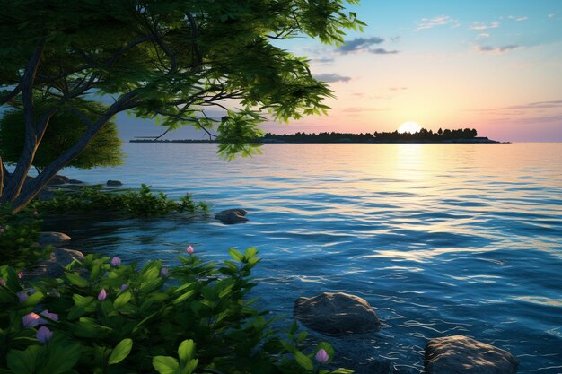 Tranquil scene green bush blue water sunset