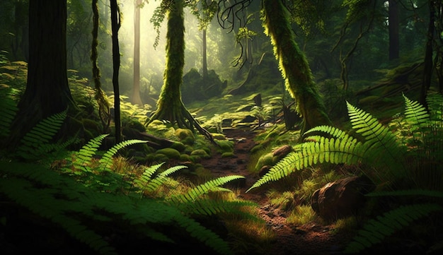 Tranquil scene green ferns trees and foliage generative AI