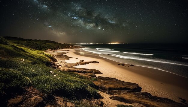 Foto scena tranquilla della via lattea illuminata sulla costa rocciosa generata dall'intelligenza artificiale