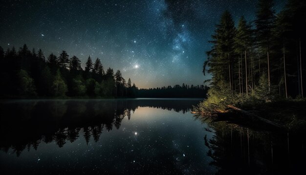 人工知能によって生成された山の池に映る、ライトアップされた星空の静かな風景