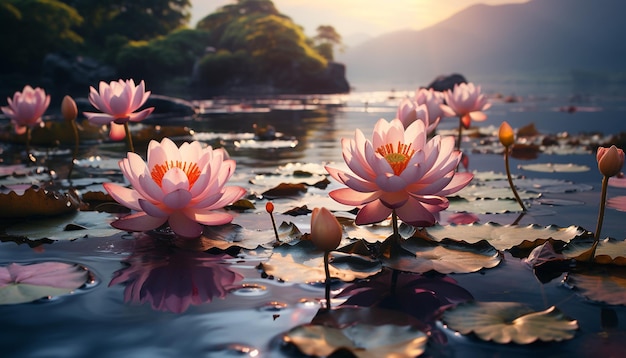 A tranquil scene of a lotus water lily floating on water generated by artificial intelligence