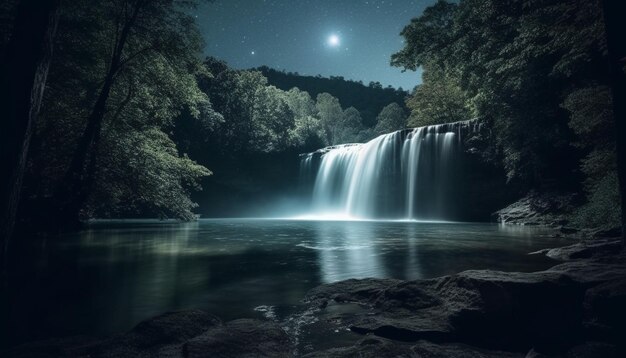 Photo tranquil scene of majestic mountain and flowing water under moonlight generated by artificial intelligence