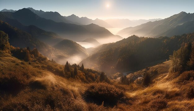 Tranquil scene of majestic mountain peak in autumn forest landscape generated by artificial intelligence