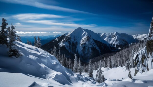 Спокойная сцена величественного горного хребта, застывшего в зимнем морозе, созданная ИИ