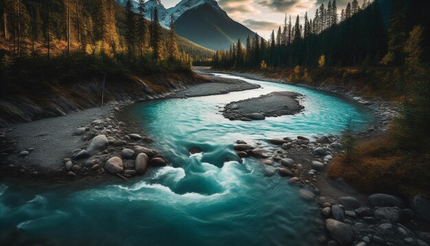 Tranquil scene Majestic mountain range reflects in flowing water motion generated by AI