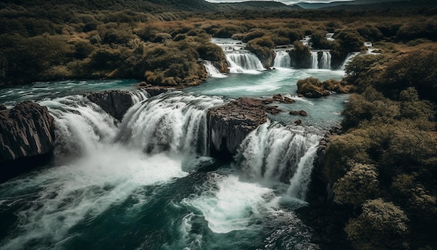 Tranquil scene of majestic mountain range with flowing water spray generated by artificial intelligence