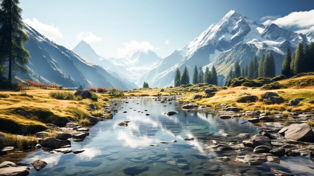 Tranquil scene of a majestic mountain reflecting in a peaceful