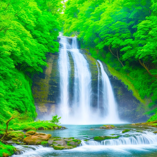 A tranquil scene of the majestic waterfall in the forest generated by AI