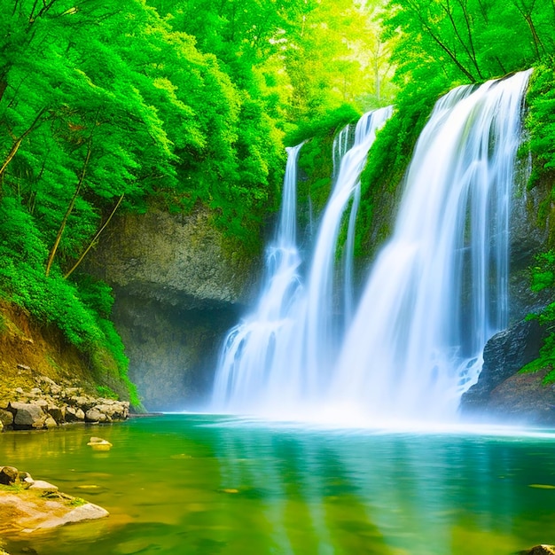 Спокойная сцена величественного водопада в лесу, созданная искусственным интеллектом.