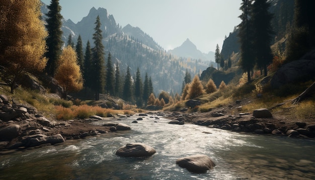 Tranquil scene of mountain peak flowing water generated by AI