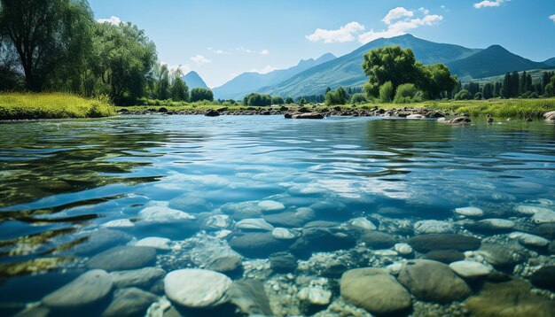 Foto la scena tranquilla della vetta della montagna si riflette nella bellezza della natura dello stagno trasparente generata dall'ai