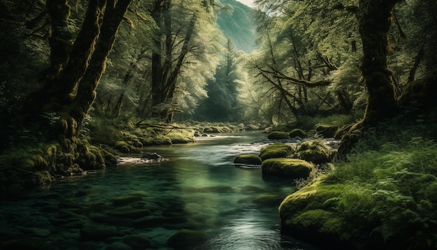 인공지능이 생성한 물과 소나무가 흐르는 산맥의 고요한 풍경