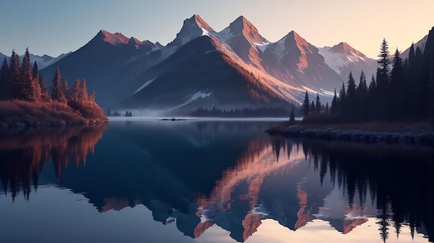 Спокойная сцена отражения гор в сумерках, генеративный ИИ