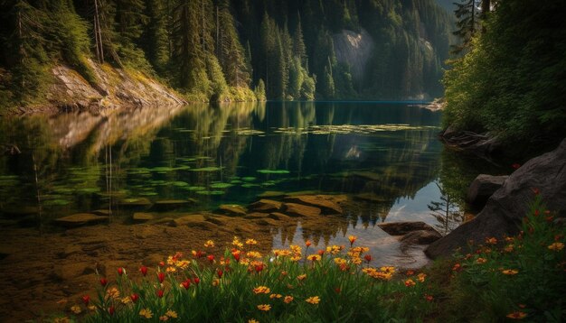 Foto scena tranquilla di bellezza naturale la vetta della montagna riflessa in uno stagno generato dall'intelligenza artificiale