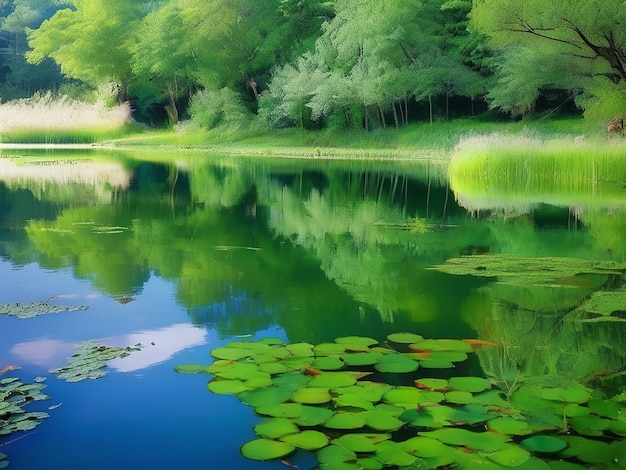 静かな景色の自然の美しさは平和な池に反映されています