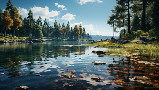 사진 인공지능에 의해 생성된 연못에 반영된 가을 숲의 조용한 장면