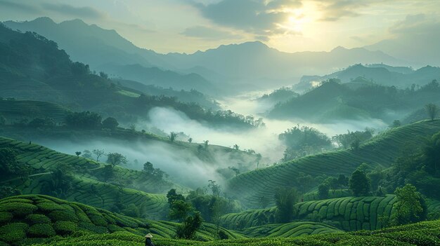 A Tranquil Scene Of Organic Tea Gardens Background