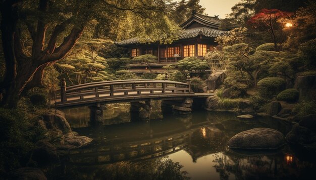 A tranquil scene of a pagoda in a formal garden generated by AI