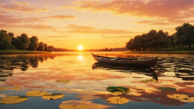 Tranquil scene on pond rowboat in sunset generated by AI