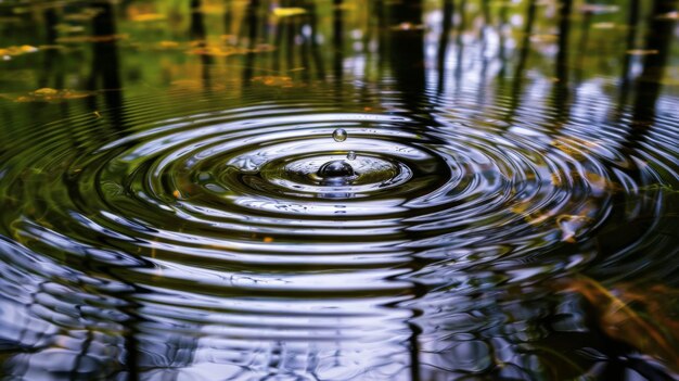Спокойная сцена капель дождя, мягко падающих на тихий пруд, создавая концентрические волны, которые расширяются по поверхности воды.