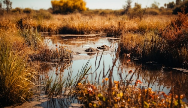 Tranquil scene reflection on pond autumn leaves generated by artificial intelligence