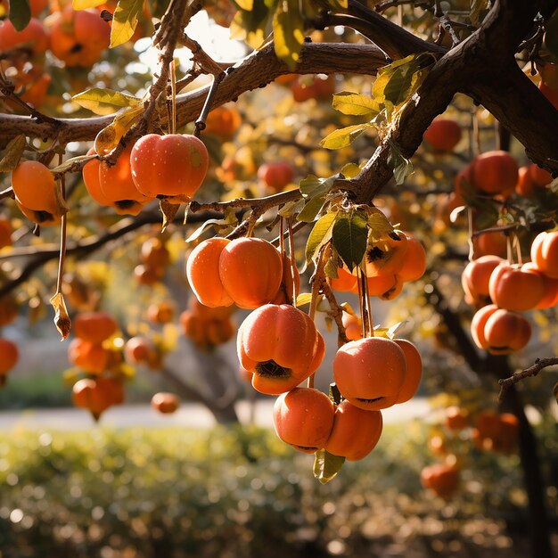 A tranquil scene of ripe persimmon fruits on tree branches in an autumn garden