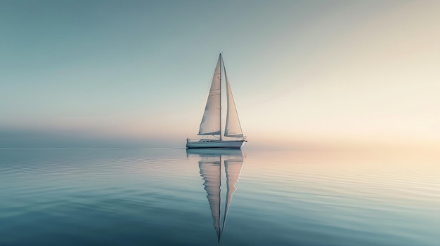 A tranquil scene of a sailboat on calm waters with a soft sunrise glow