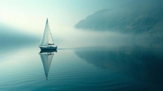 A tranquil scene of a sailboat drifting lazily on a calm lake epitomizing relaxation and serenity